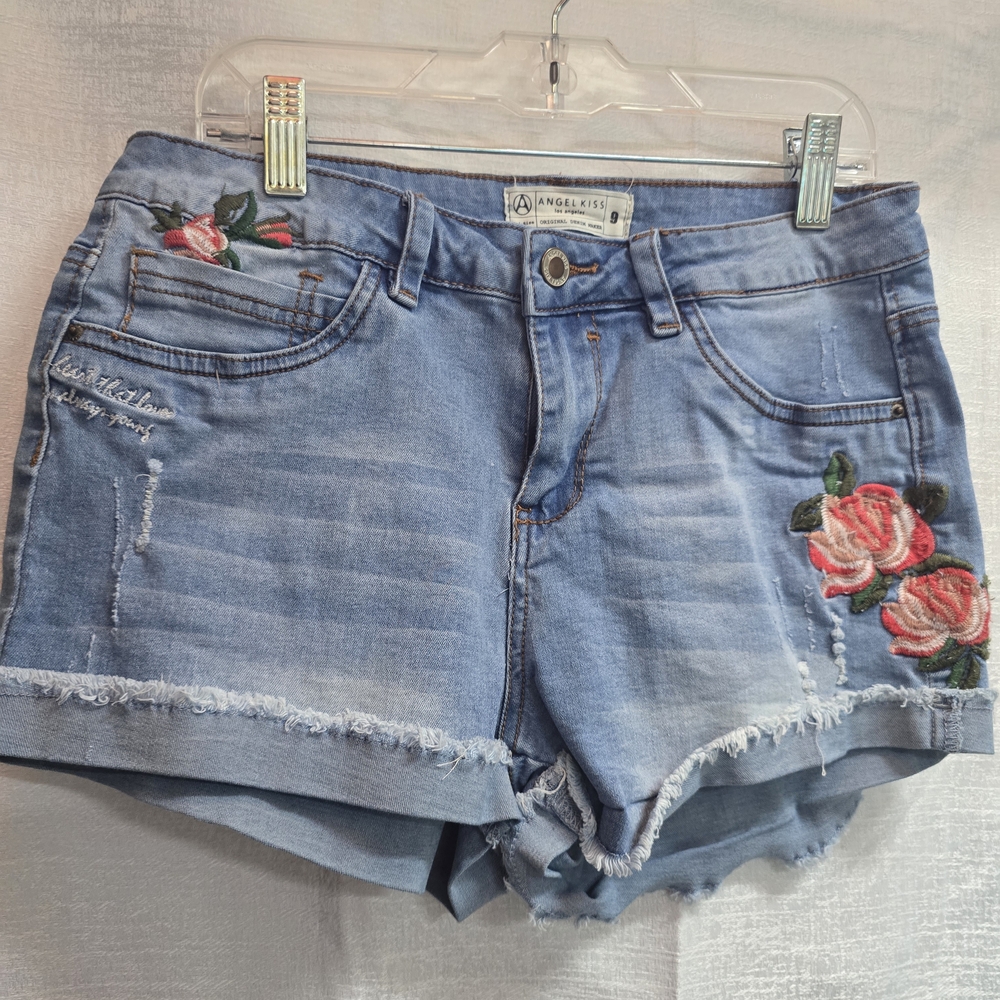 Angel Kiss Blue Denim Women's Shorts with Floral Embroidery